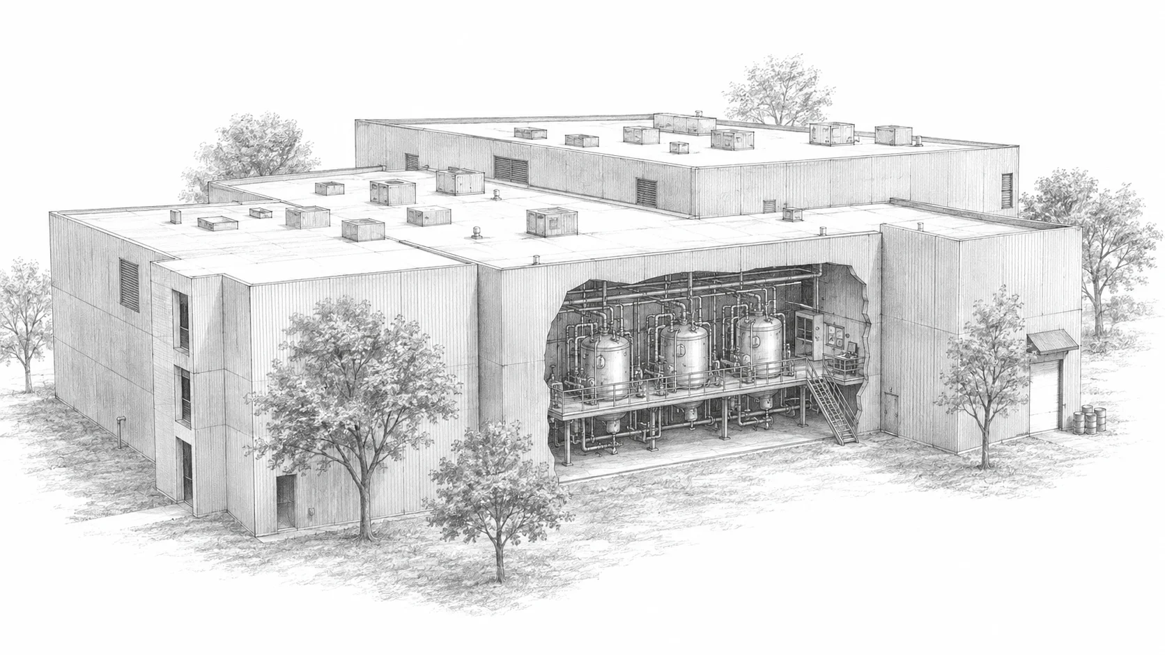 Pencil illustration of Vulpes’s Lubbock facility, with a schematic cutaway showing a single elevated reactor platform.